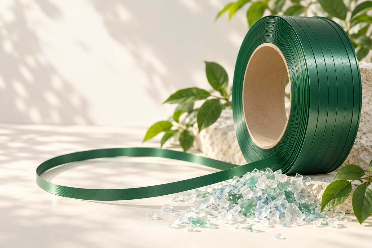 PET circularity concept with recycled PET flakes and a green strap coil